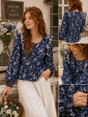 Universal Thread Navy Floral Ruffle Peplum Blouse